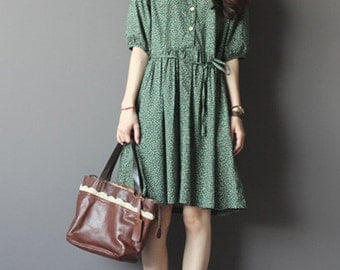 Green with floral cotton dress-half sleeve dress-loose dress-Knee-length dress-Peter Pan collars dress-holiday dress