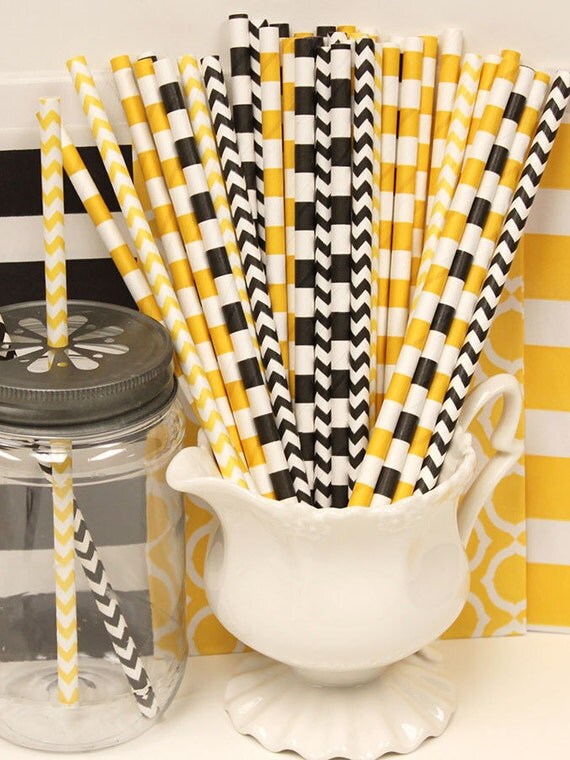 Paper Straws, 25 BUMBLE BEE Paper Straws, Bee Party Straws, Yellow and Black Straws, Construction Party Straws, Yellow TAXI Cab Party Theme Il_570xn