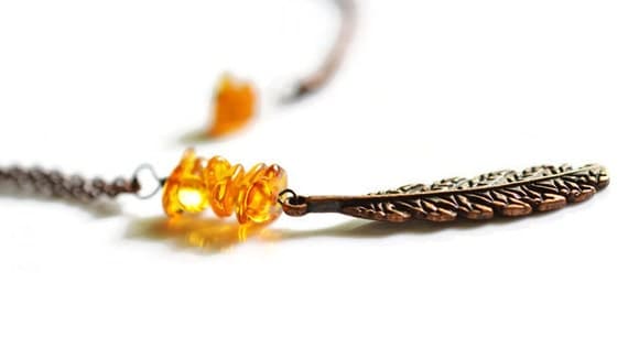 Amber Feather Necklace, Copper Necklace, Antique Copper Necklace, Long Boho Necklace, Baltic Amber Necklace