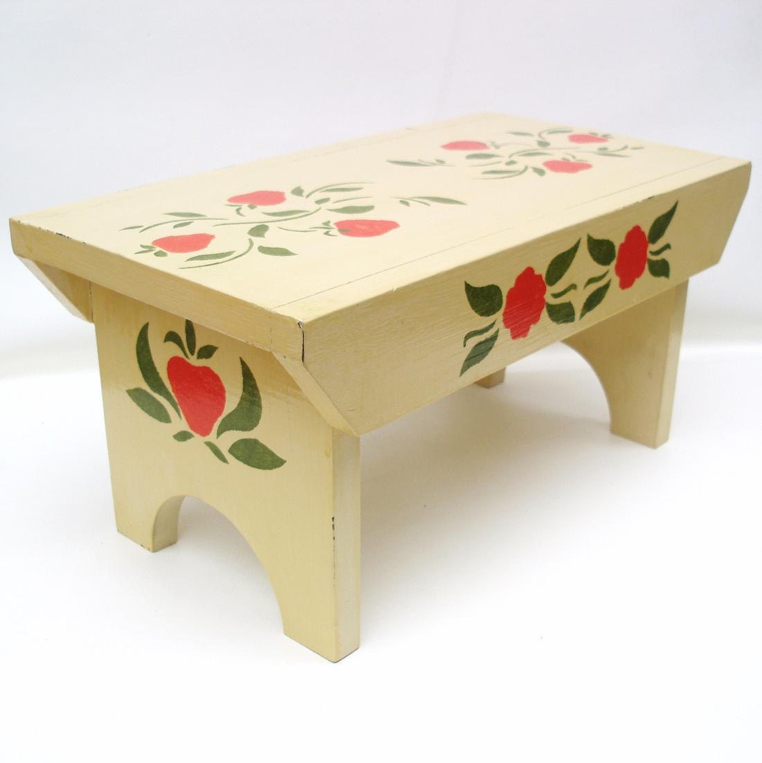 Vintage Wood Step Stool Wooden Bench Folk Art Wood Hand Painted Foot ...