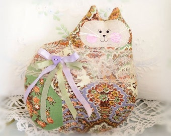 Cat Pillow Doll Cloth Doll 7 inch Cat, Blue Green Lilac Print ,Primitive Soft Sculpture Handmade CharlotteStyle Decorative Folk Art