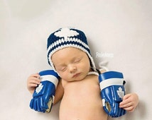 BABY HOCKEY HAT Helmet Crocheted with Maple Leaf in Team Colours Blue and White Boys Size - il_214x170.764221336_k4s4