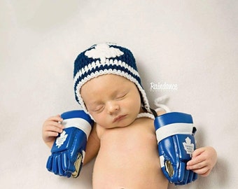 BABY HOCKEY HAT Helmet Crocheted with Maple Leaf in Team Colours Blue and White Boys Size - il_340x270.764221336_k4s4