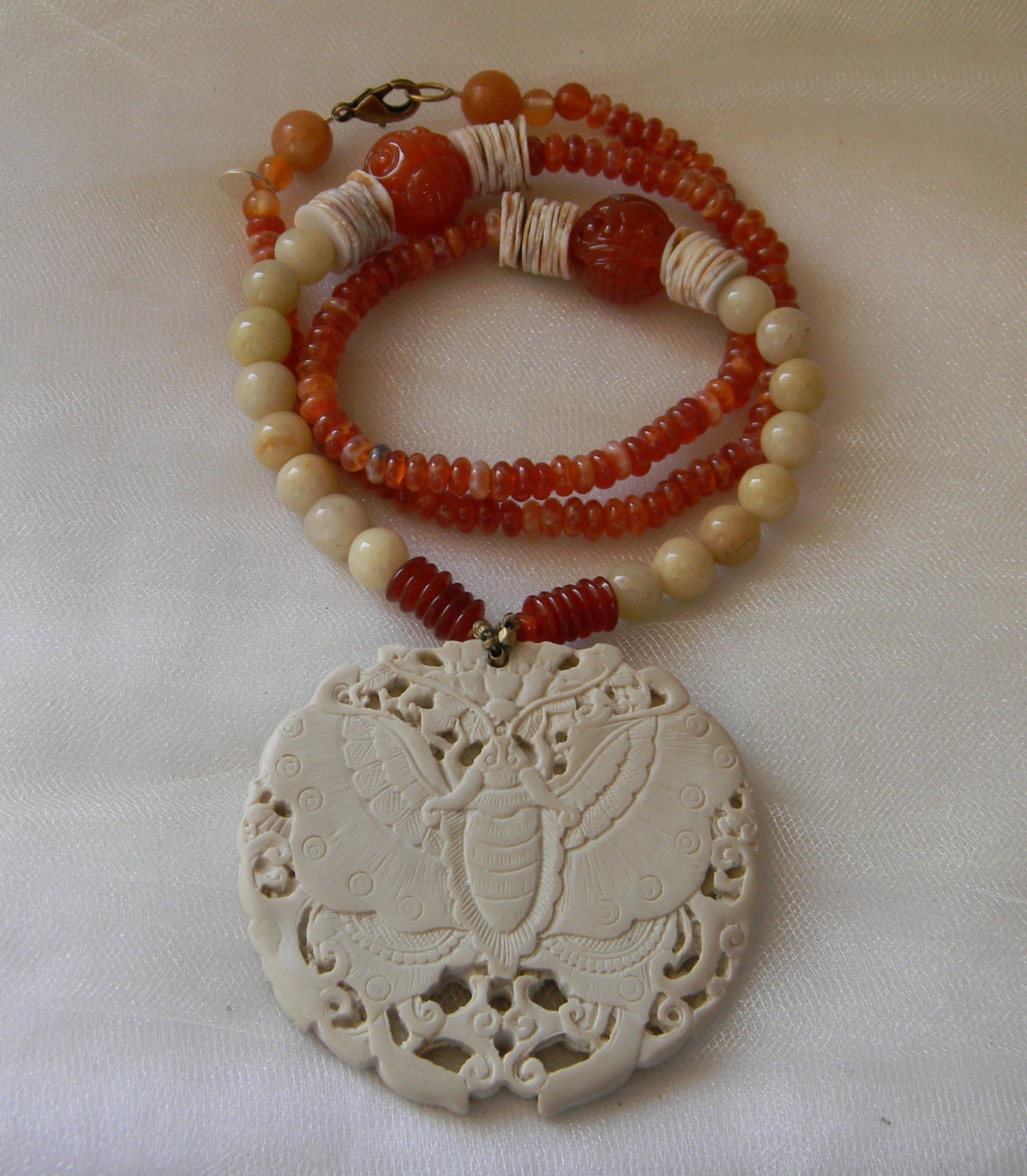 Bone & resin butterfly pendant w vintage agate beads necklace