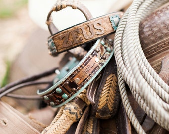 CUSTOM Leather Dog Collar // Southwestern Navajo Aqua Turquoise and Copper