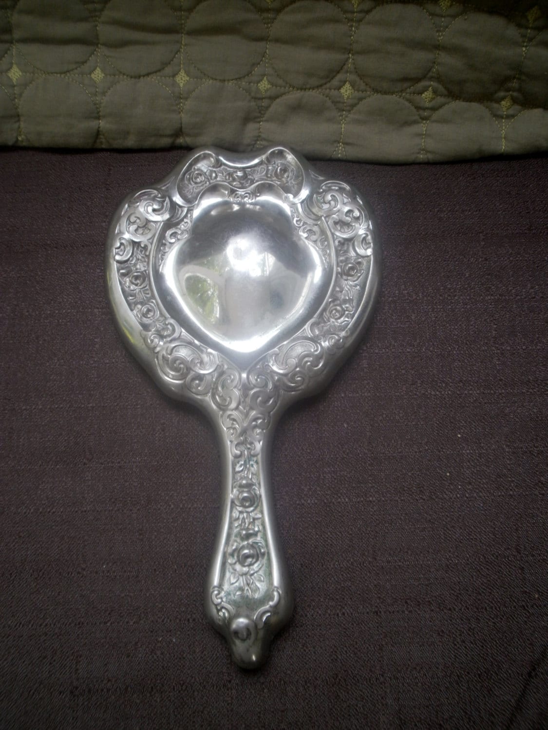 Beautiful antique ornate victorian silver hand held mirror