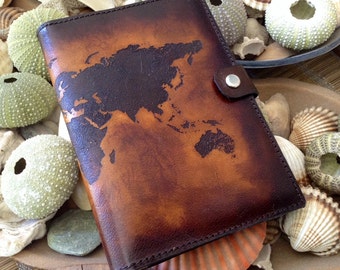 Personalized World Map Passport Holder Cover / Deluxe Italian Leather / Engraved & Hand Dyed / ON SALE
