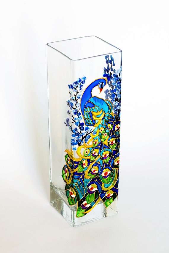 Peacock Vase Glass Vase Peacock Wedding Hand Painted by Vitraaze