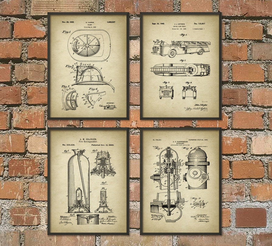 Firefighting Patent Prints Set Of 4 Firefighter by QuantumPrints