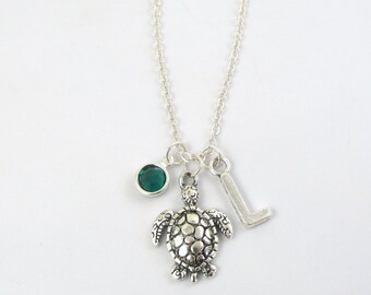 Sea Turtle Necklace- choose a birthstone and initial, Sea Turtle Jewelry, Turtle Gift, Turtle Necklace, Turtle Jewelry, Turtle Charm
