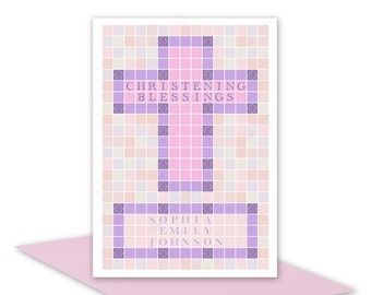 Personalised christening card for girl, baptism card, religious name card for girl, baby, pink mosaic blank inside or personalised message