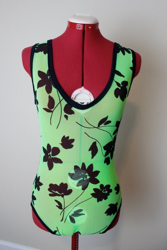 Neon Green Mesh Bodysuit with Hawaiian Print Green by PeithoBlack