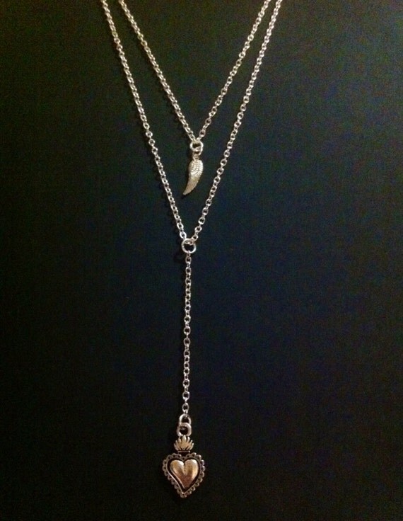 Items similar to Sacred Heart Necklace Angel Wing Jewelry Silver or