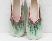 Felted slippers Painting of Spring Green white red  Women home shoes Natural shoes Natural wool 100% wool Women winter shoes Traditional