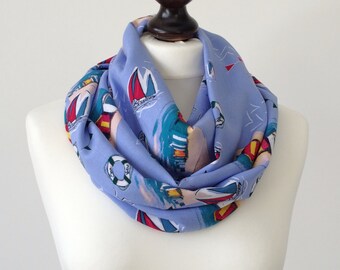 Boho Cotton Scarf, Nautical Blue Scarf, Printed Loop Scarf, Summer Circle Scarf, Infinity Scarf, Sailor Scarf, Women's Gift