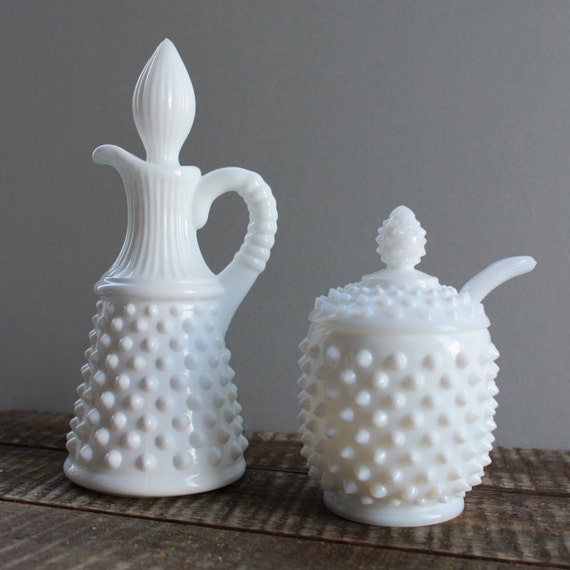 Fenton Hobnail Milk Glass Cruet and Sugar Bowl Set