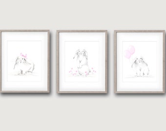 Bunny Nursery Prints, Rabbit Pencil Drawings, Girl Nursery Decor, Set of 3, White Bunnies, Pink Flowers, Girl Wall Art, Animal Sketches