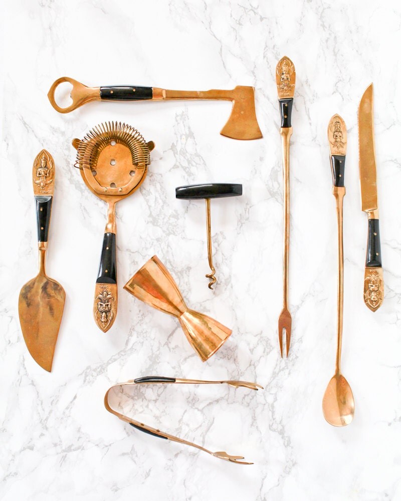 MidCentury NinePiece Brass Barware Set Vintage Bar Tools