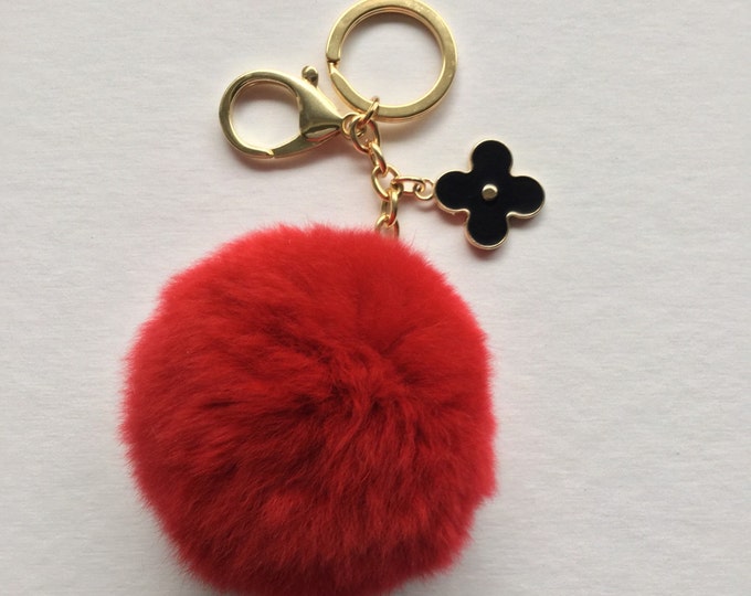 Red fur pom pom keychain REX Rabbit fur pom pom ball with flower bag charm