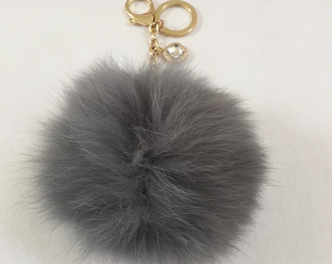 Light Gray Fox Fur Pom Pom keychain ball luxury bag pendant with clear crystal charm