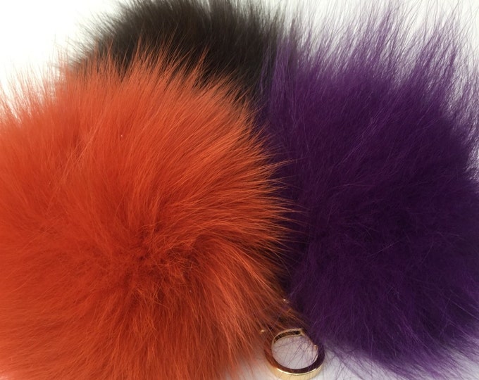 Trio orange-purple-brown Fox fur pom pom corsage Bag Charm Totem pendant