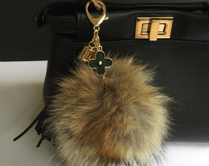 Natural No Dye or Black Raccoon fur pom pom key ring bag charm keychain with long tassel