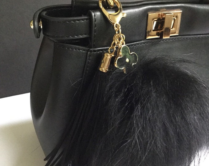 Natural No Dye or Black Raccoon fur pom pom key ring bag charm keychain with long tassel