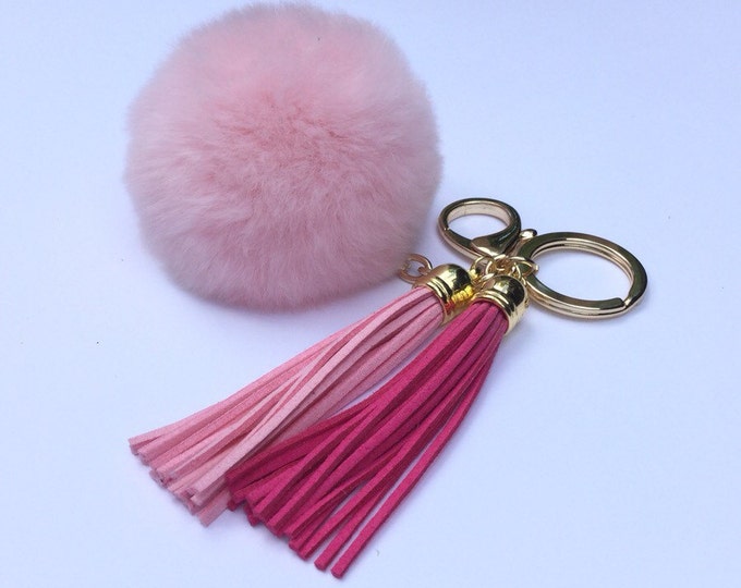 Fur pom pom keychain bag, purse pendant charm in light pink with two 3.5 inch leather tassels