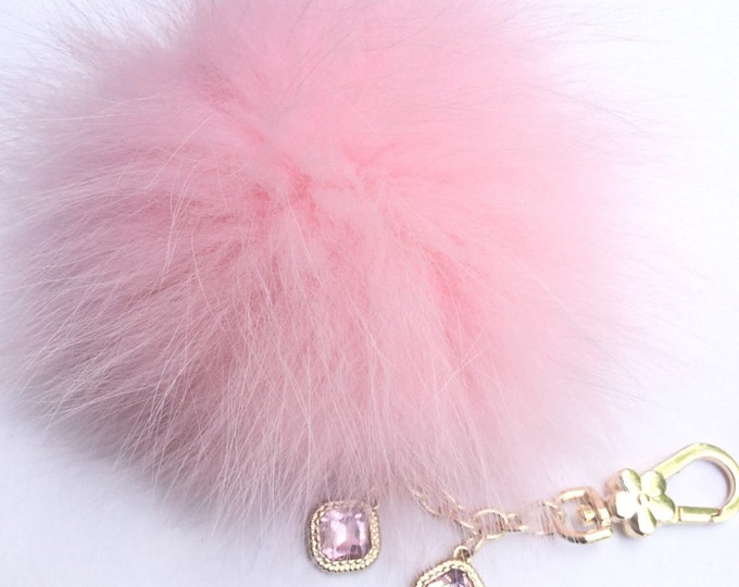 Very Light Pink Fox Fur Pom Pom luxury keychain bag pendant with two light pink charms and daisy clasp
