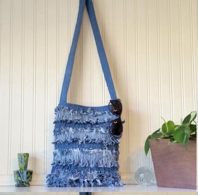 Denim Fringe Purse Handmade from Recycled Blue Jeans Denim