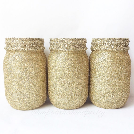 Items similar to Set of 3 champagne glitter mason jars, glitter mason