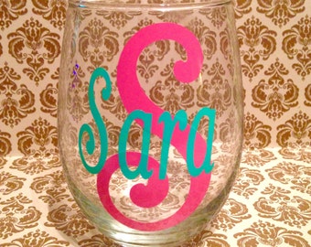 Personalized Name Stemless Wine Glass. Monogrammed Gifts for