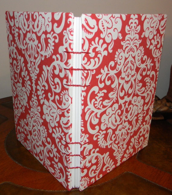 Extra Large Red and White Damask Print Fabric Hardcover Coptic