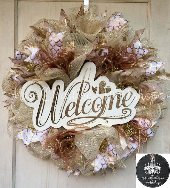 Gold and white deco mesh welcome heart wreath