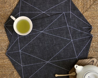 Gem placemats – black denim fabric with white stitching – modern, geometric pattern – set of 2