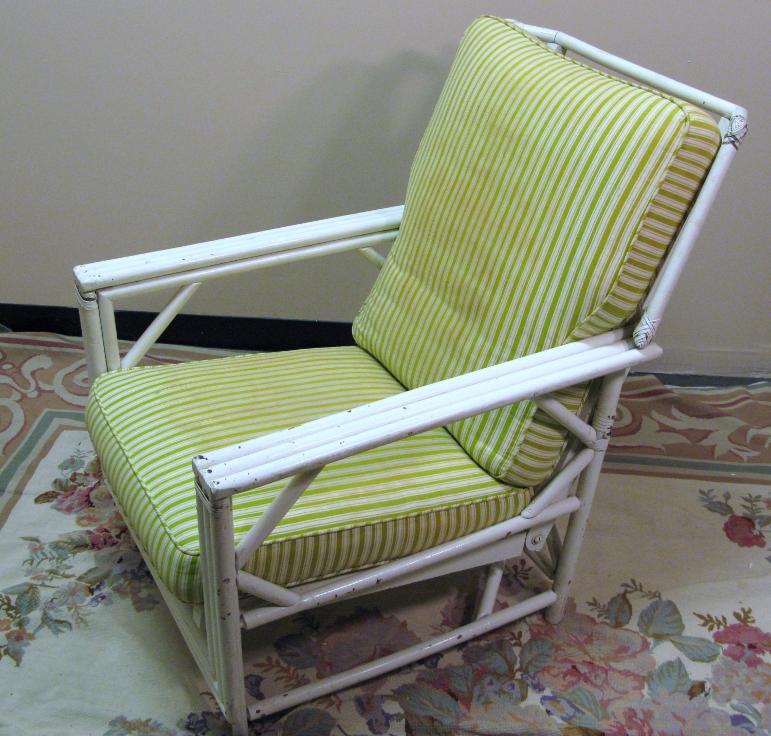 Vintage ~ RATTAN RECLINER CHAIR ~ Heavy Green Stripe Cushions ~ – Haute ...