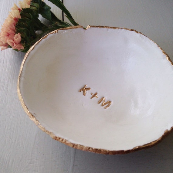 Personalized White and Gold Jewelry Dish.