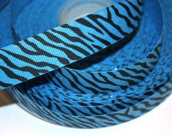 7/8 inch GLITTER Black Zebra on BLUE Animal Print Printed Grosgrain Ribbon for Hair Bow