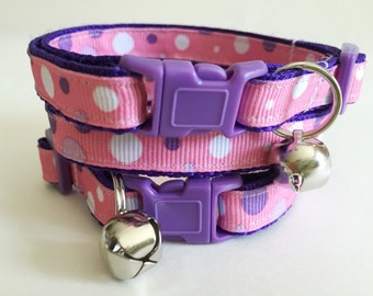 Cat Collar - Kitten Collar - Pink and Purple Polka Dot Cat Collar - Adjustable Breakaway Cat Collar - Girl Cat Collar with Removable Bell