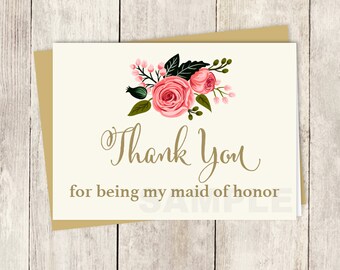 To My Maid Of Honor Card // Wedding Thank You Card DIY // Watercolor Flower // Gold Calligraphy, Rose // Printable PDF ▷ Instant Download