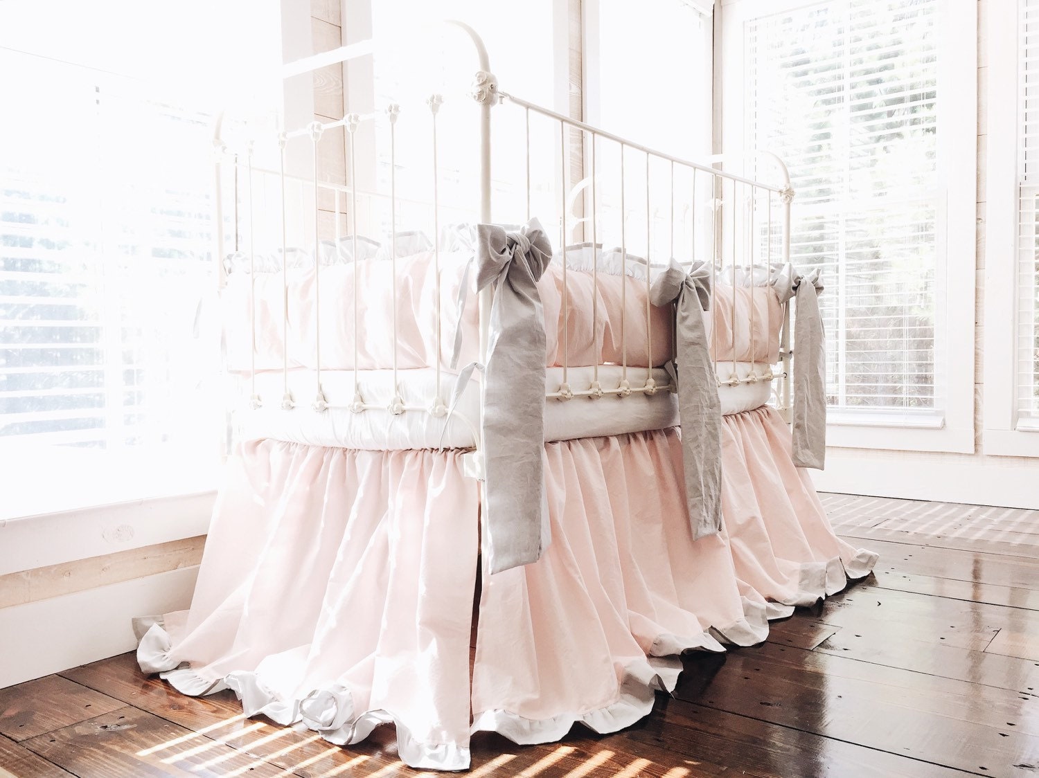 Cinderella Ruffled Washed Cotton Crib Bedding in Baby Pink and