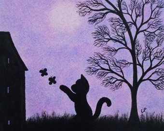 Cat Card: Purple Kitten Butterflies Card, Children Card, Cat Tree Card, Birthday Card, Kitten Card, Cat Silhouette Card, Kids Card, Cat Moon