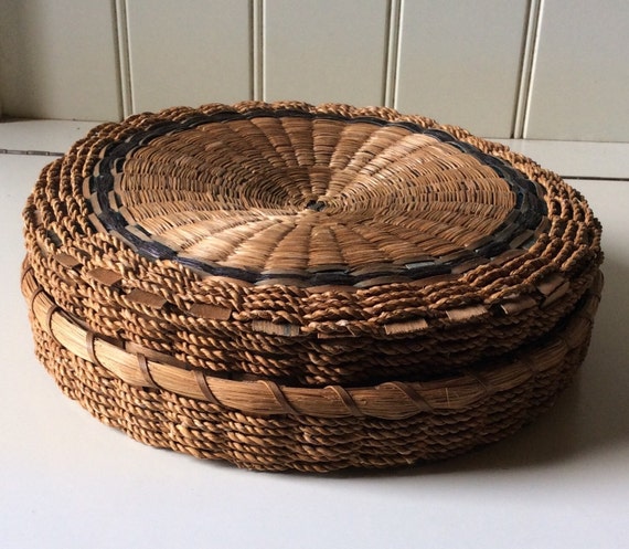 Antique Woven Straw & Wicker Sewing Basket