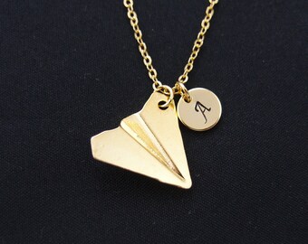SALE initial necklace, paper airplane necklace, one direction, Harry styles, long necklace, gold plane charm on gold plated chain