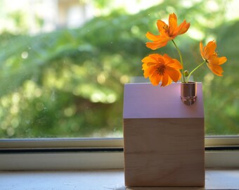 Wood and copper house candleholder and vase