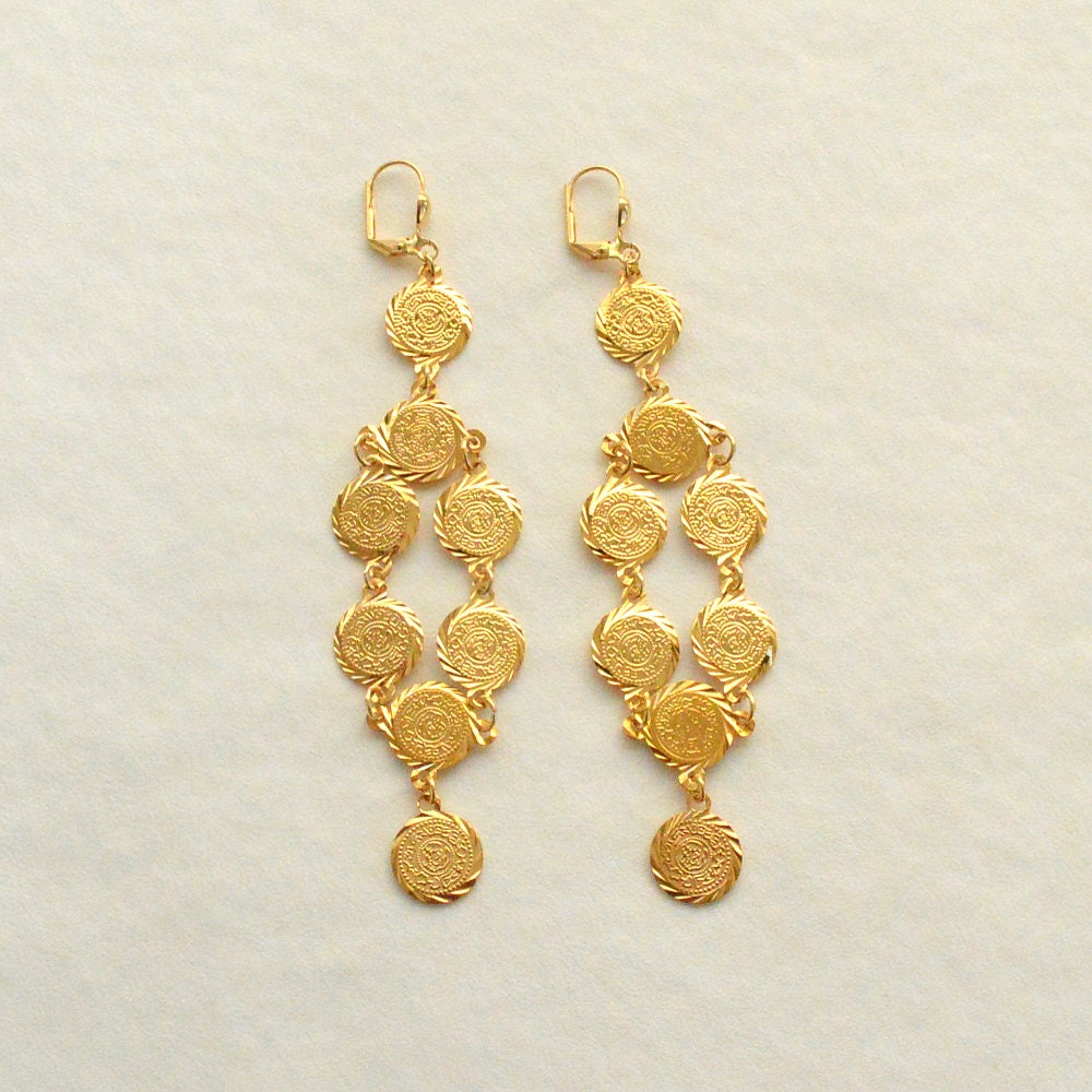 Arabic Coin Earrings Middle East Jewelry 24k Gold Plated Drop