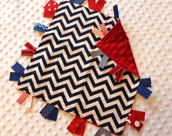 Personalized Tag Minky Sensory Ribbon Blanket Lovey- Navy Chevron and Minky Dot