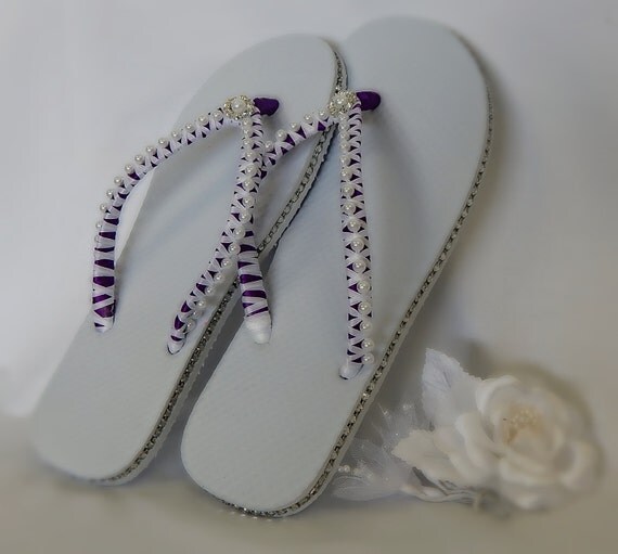 Bridal Flip Flops, Wedding Sandals, Beach Purple Shoes, Embellished ...