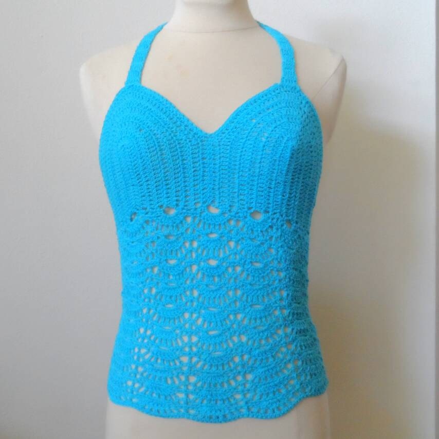 Crochet Halter Top Turquoise Blue Tank Top Boho style