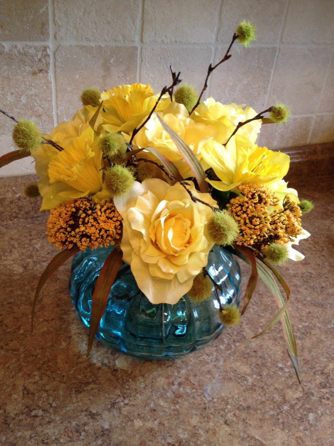 Silk Flower Arrangement in a Blue Glass vase 16H